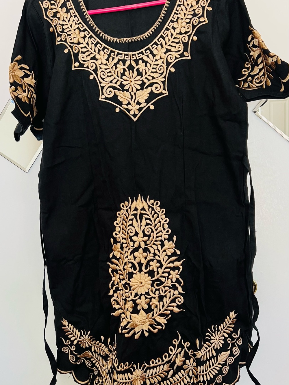 New Black women’s  cotton dress with Gold Embroidered Floral Accents size S